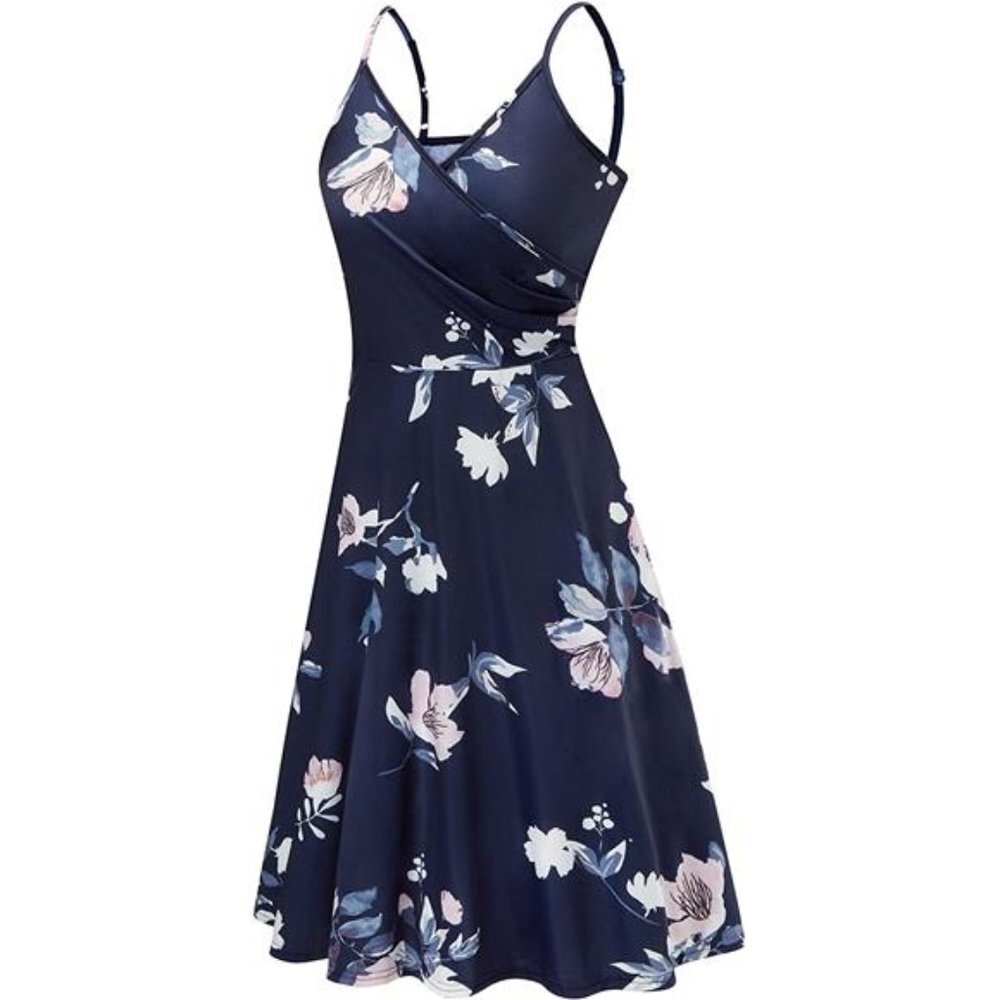 V-Neck Floral Spaghetti Strap Summer Casual Dress Sleeveless Midi Sundress - Picture 4 of 6
